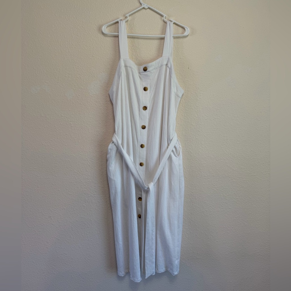 AVA & VIV White Button Front Midi Dress 1X Textured Tie Back - Picture 2 of 11